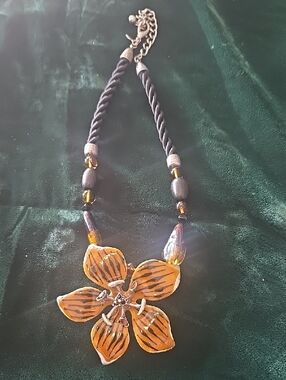 Chicos Chunky Enamel Flower Pendant Black Cord Beaded Necklace Glass Beads